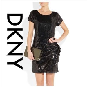 DKNY Black Sequin Ruffle Sheath Dress